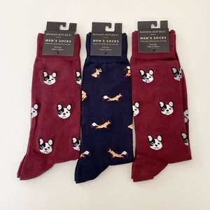 Banana Republic Factory Men’s Socks 3 Pairs Burgundy/Navy Fox/Dog Pattern NWT OS